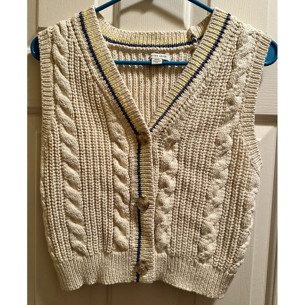 American Eagle Women's 3 Button Sweater Vest Beige Cardigan With Bl/yellow Acc